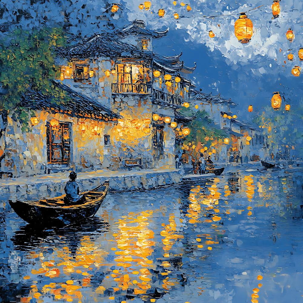Peaceful Village Waterway Night Scene 7