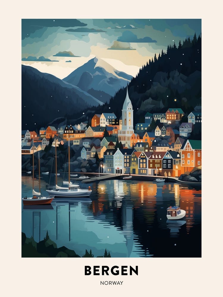Winter Night  Travel Poster Bergen Norway 4