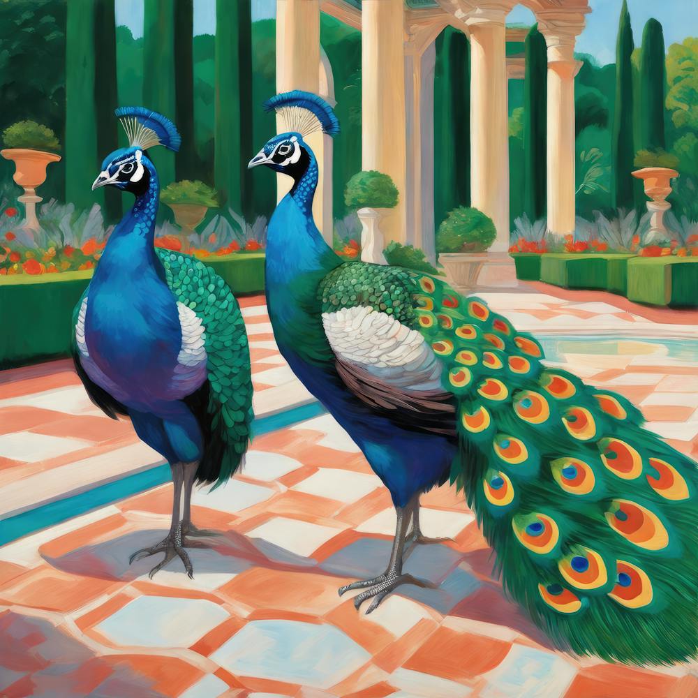 Peacocks in a Renaissance Garden Series. In Style of David Hockney 4