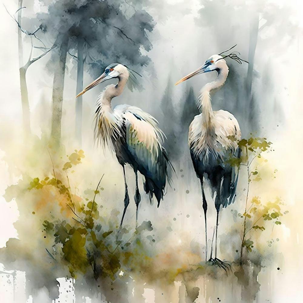 Storks Ink & Watercolour Painting