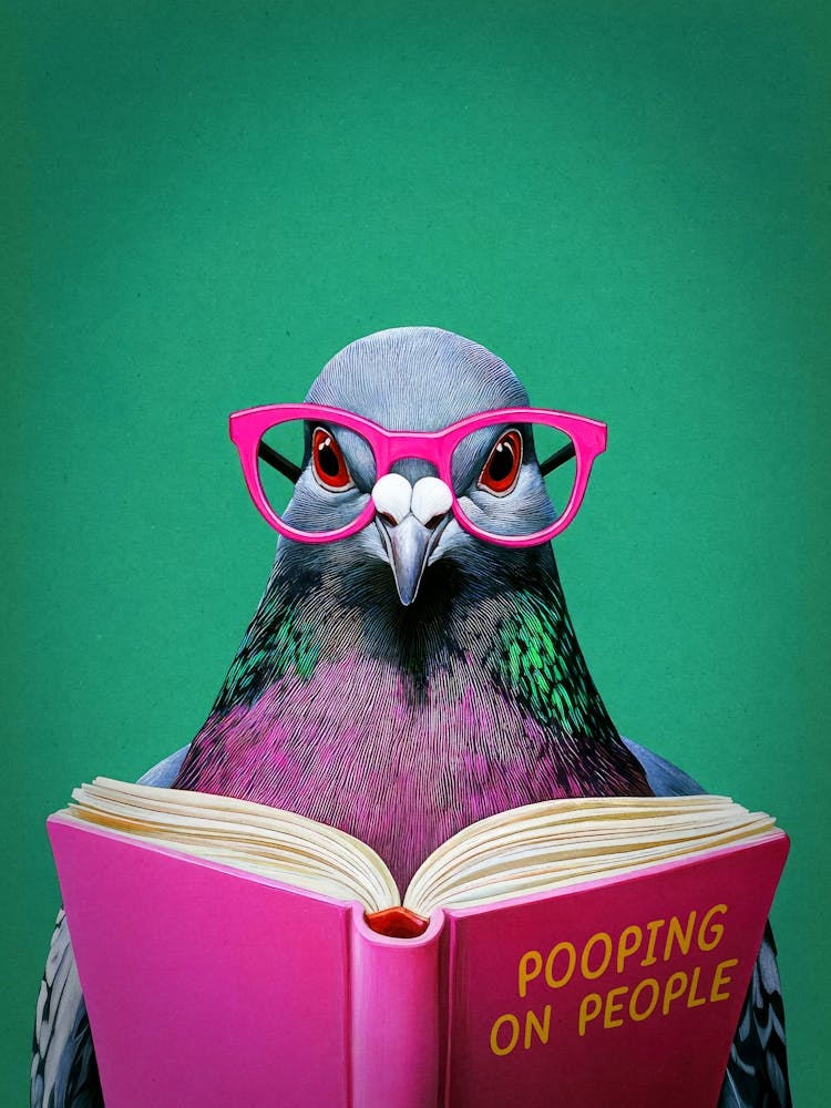 Pooping on People Funny Pigeon with Book Bathroom Wall Art in Pink & Green with Bathroom Humor for Maximalist Decor, Hilarious Bird with Book Wall Art Funny Bathroom Print for Guest Bathrooms and Dopamine Decor