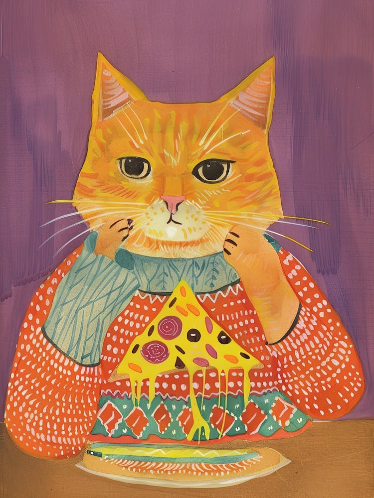 Happy Orange Cat Pizza Lover Folk Illustration 3