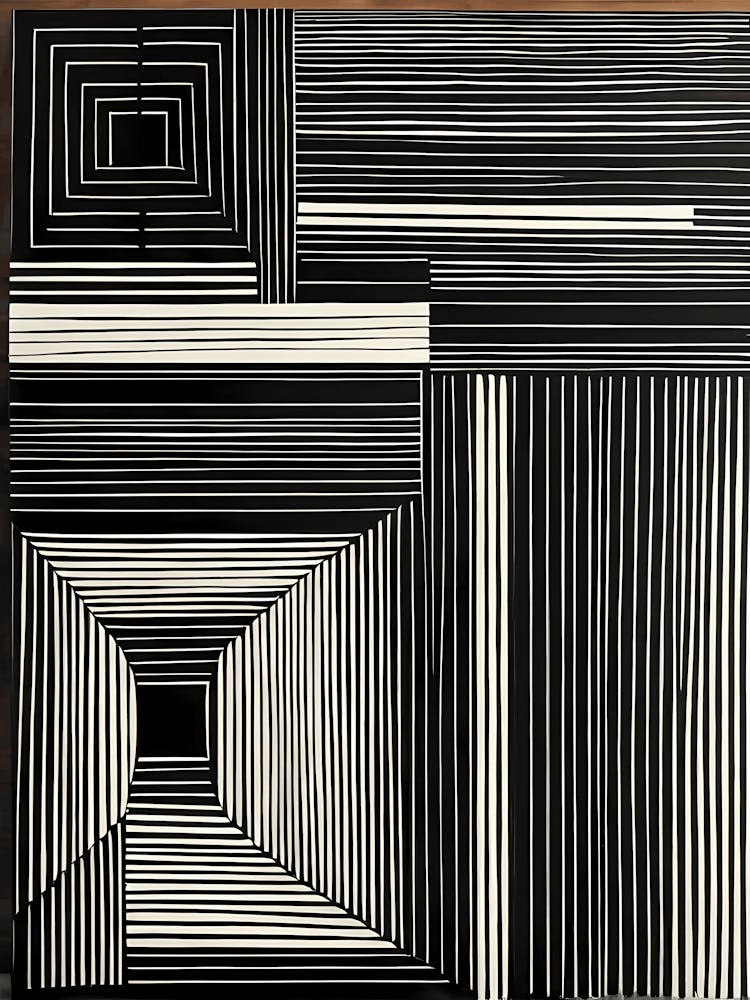 Retro Inspired Linocut Abstract Shapes Black And White Colors art, 208