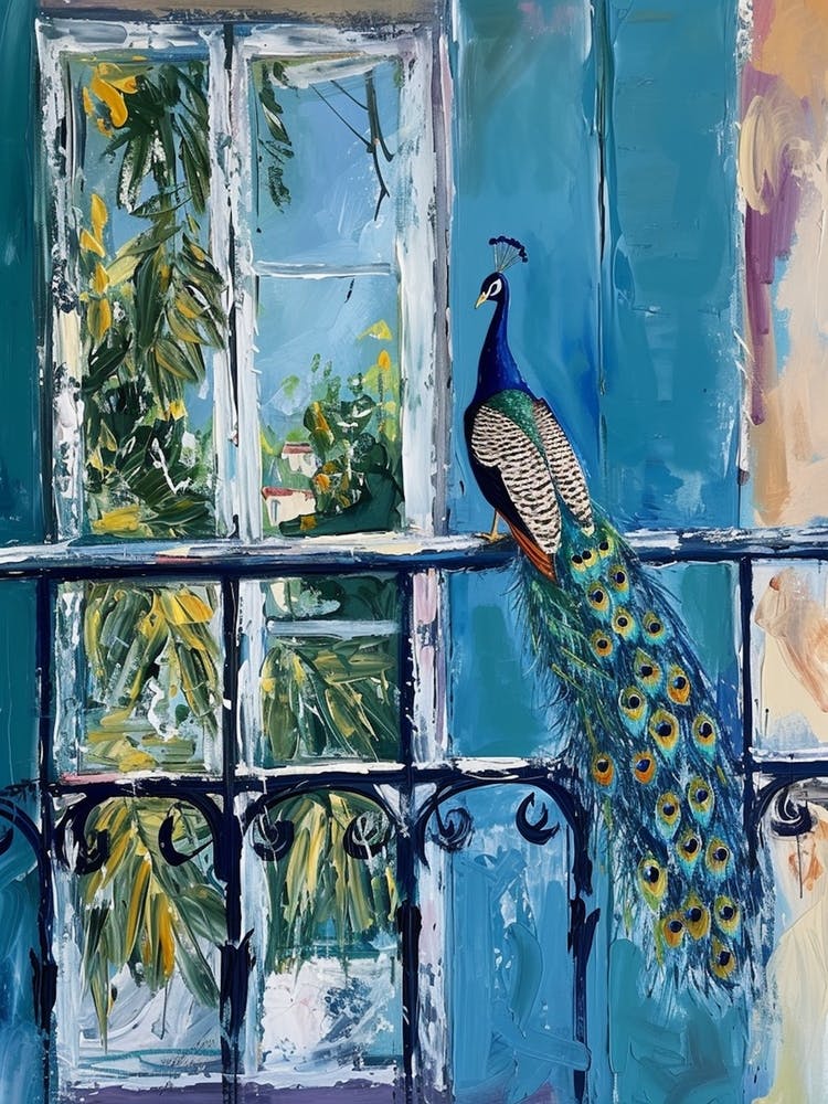 Brushstrokes Peacock On A Balcony  1