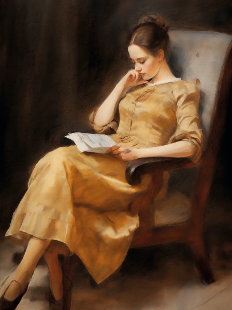 Reading in Chair Vintage Woman Oil Digital Sketch Art