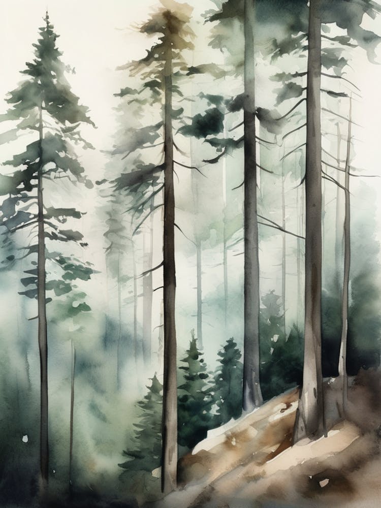 Appalachian Mountains of Misty Pines Watercolor Print of Evergreen Forest..123