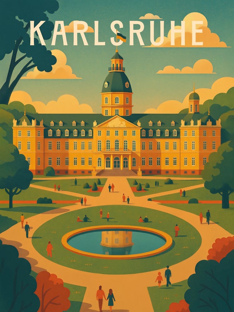 Karlsruhe Travel Poster – Baroque Palace and Gardens: Explore Germany’s elegance with this Karlsruhe travel poster – featuring the symmetrical Schloss, manicured gardens, and historical baroque architecture. Perfect for European city lovers and fans of cultural heritage in Baden.