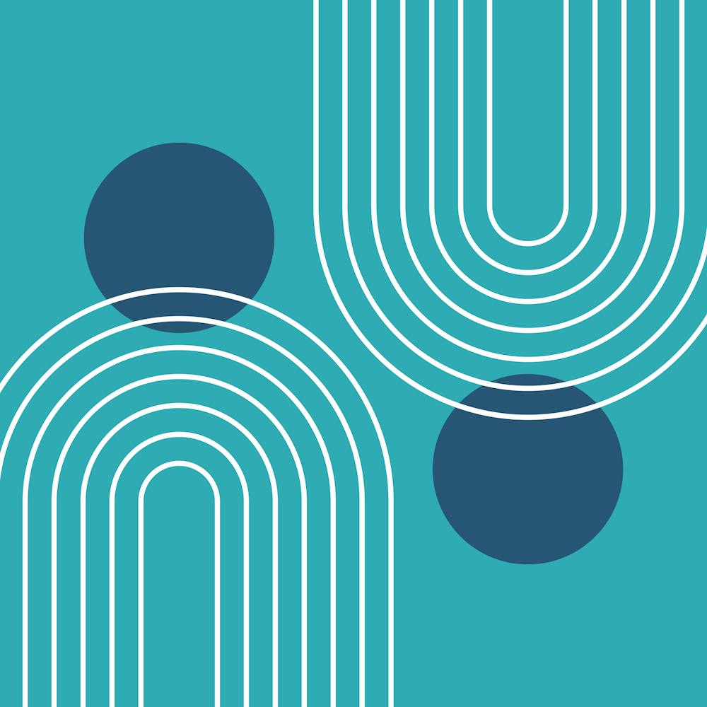 Mid Century Modern Geometric C26 In Teal Blue (Rainbow And Sun Abstract) 02