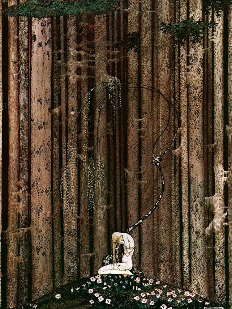 "And Then She Lay On A Little Green Patch In The Midst Of The Gloomy Thick Wood" by Kay Nielsen - East of the Sun and West of the Moon 1914 - Vintage Victorian Fairytale Art Signed Remastered High Resolution