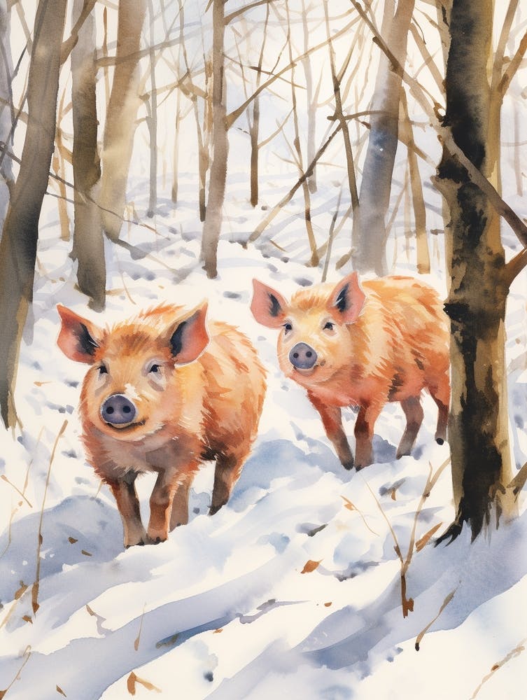 Winter Watercolour Wild Boar 3