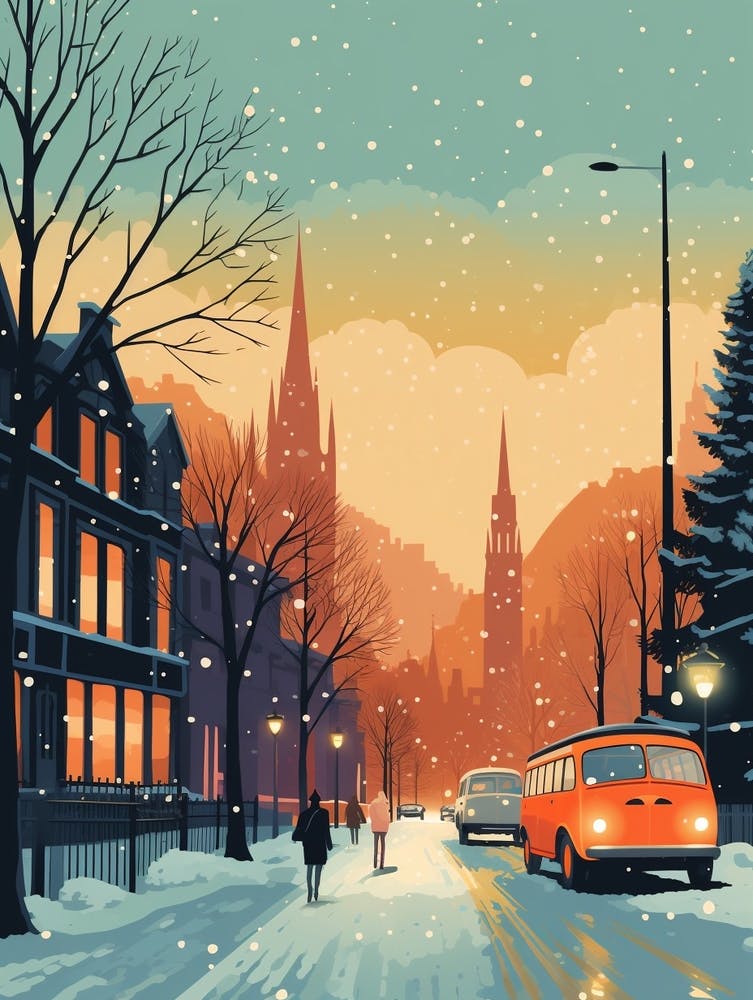 Winter Travel Night Illustration Glasgow United Kingdom 3