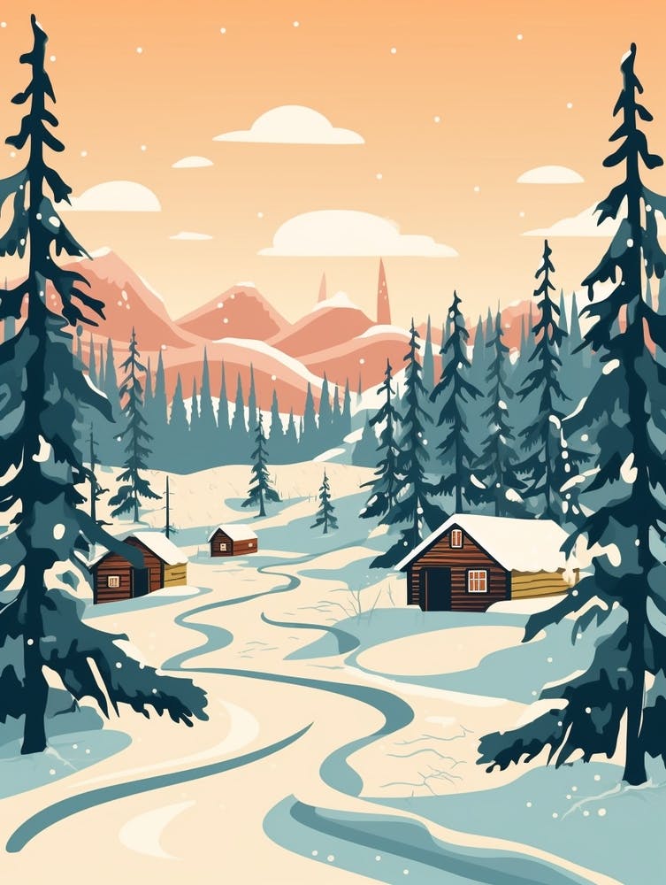 Vintage Winter Travel Illustration Lapland Finland 1