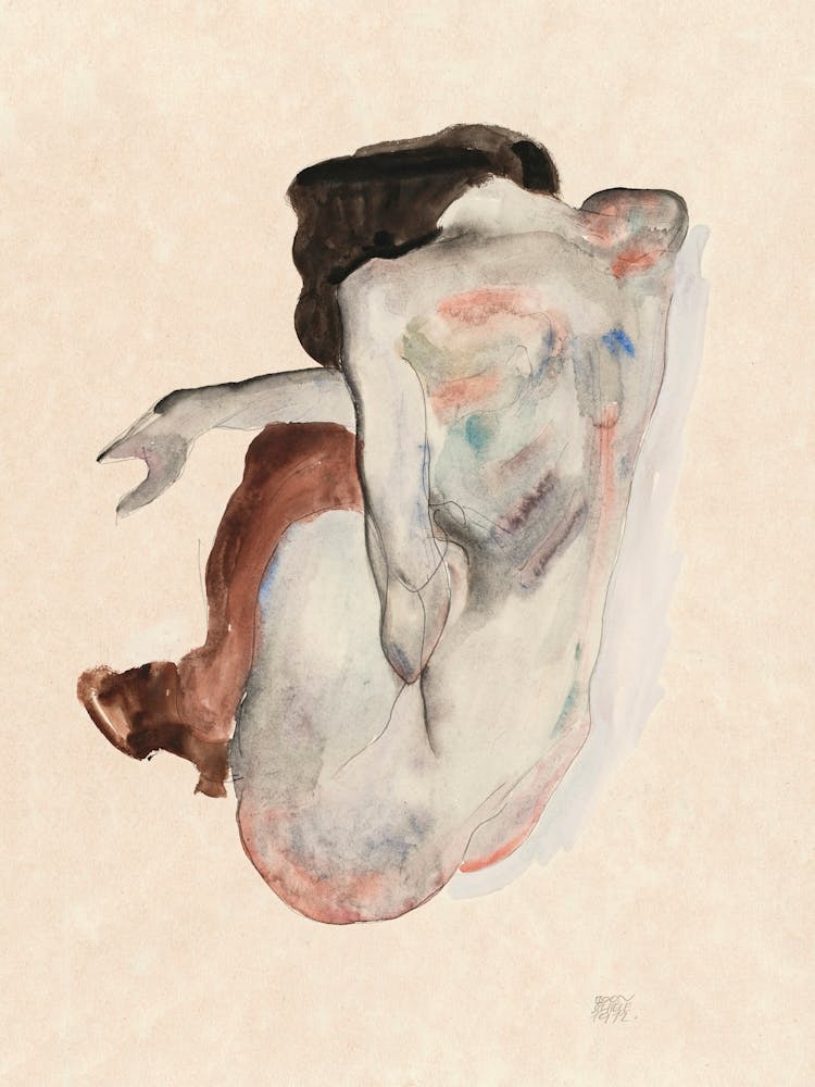 Naked Lady; Crouching Nude in Shoes and Black Stockings, Back View (1912), Egon Schiele