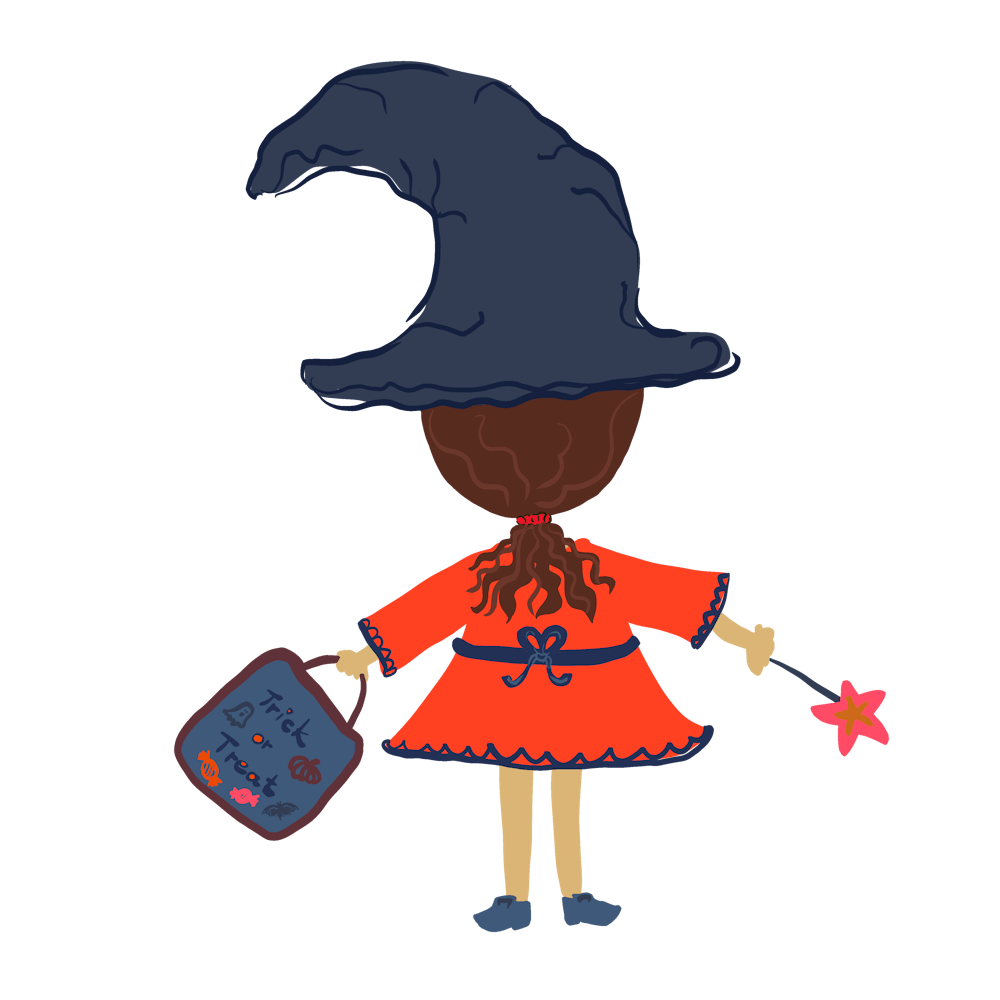 Little witch character with trick or treat bag, wizard hat and magic wand with brown wavy hair