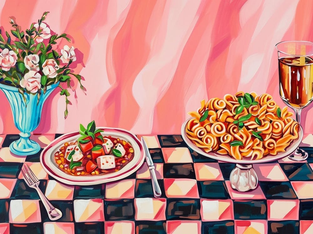 Mediterranean Food Selection Pink Checkerboard 5