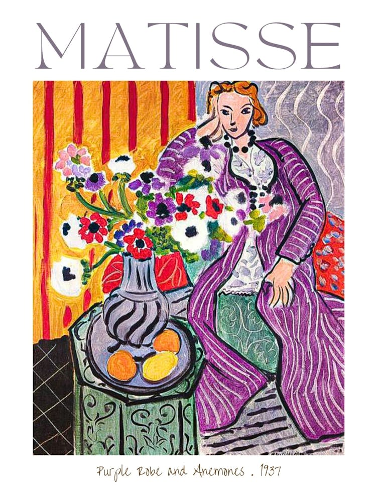 Henri Matisse Purple Robe and Anemones 1937 in HD Poster Print Labelled and Signed - Vibrant Colorful Feature Wall Decor Fully Remastered