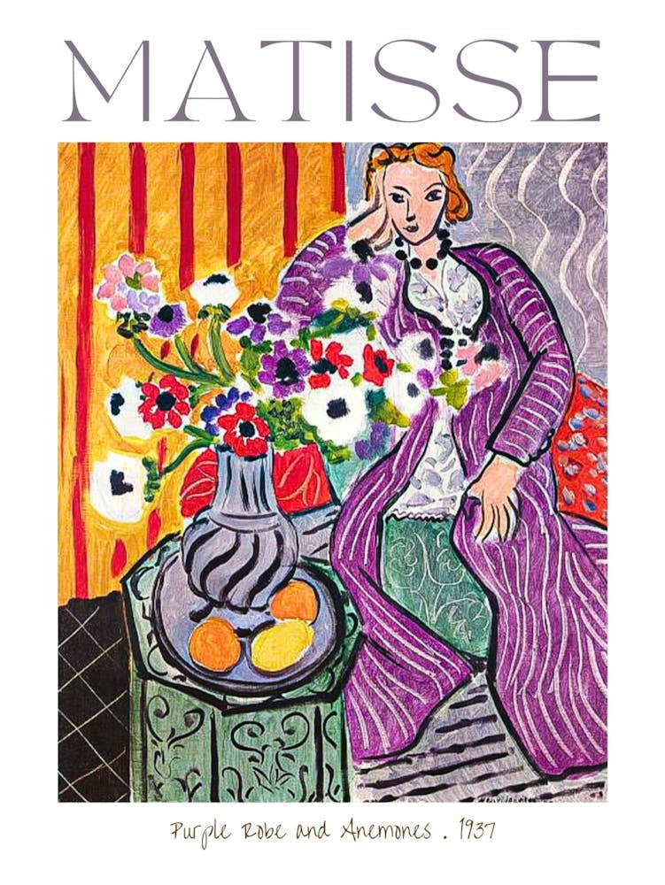 Henri Matisse Purple Robe and Anemones 1937 in HD Poster Print Labelled and Signed - Vibrant Colorful Feature Wall Decor Fully Remastered
