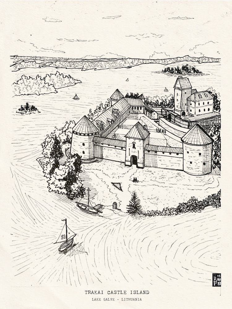 Trakai Island Castle Lithuania Gothic Architecture Pen Ink Illustration