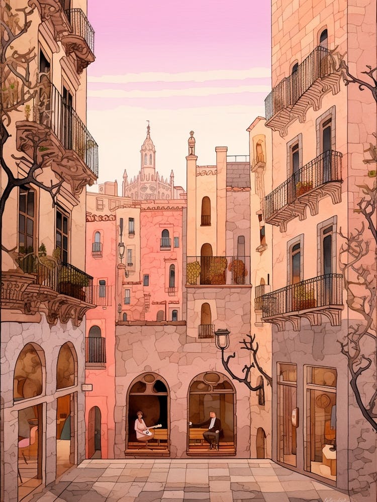Barcelona Spain 3 Vintage Pink Travel Illustration