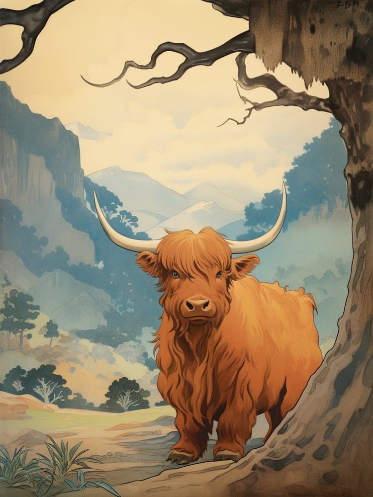 Brown Highland Cow In The Forest