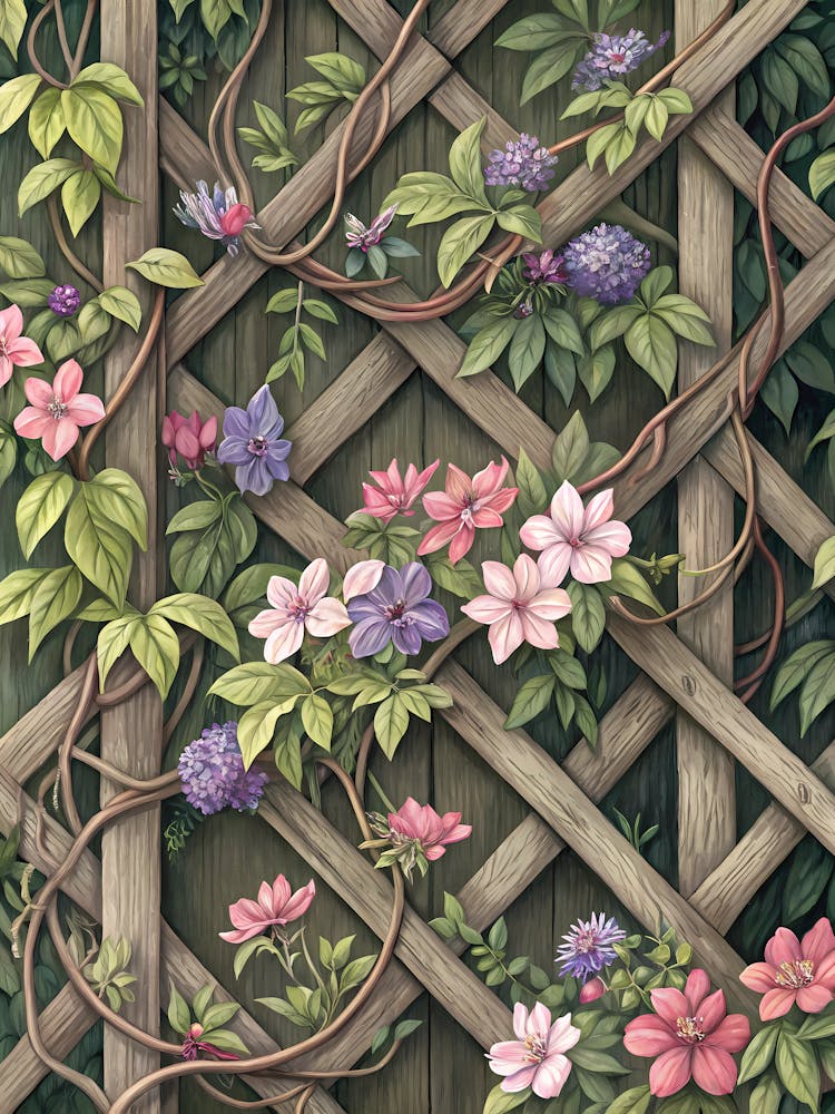 Oil Painting StyleLush Floral Trellis Vibrant Climbing Flowers on Wooden Lattice