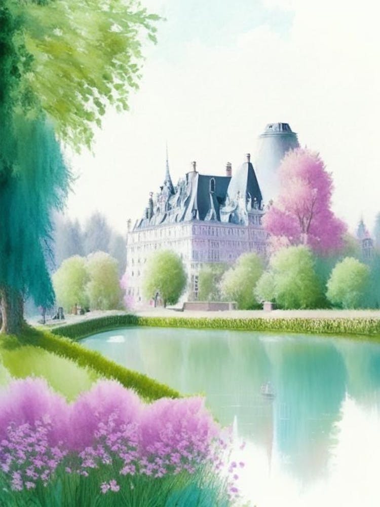 Château De Chenonceau Gardens, 2, France Pastel Watercolour