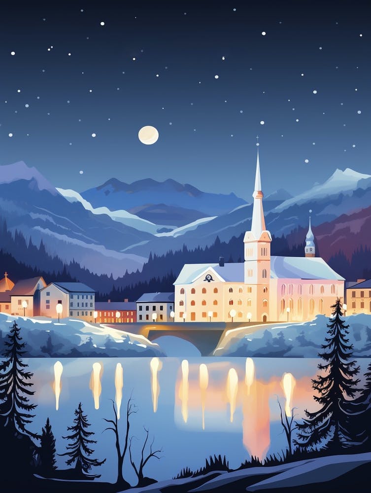 Winter Travel Night Illustration Lucerne Switzerland 1