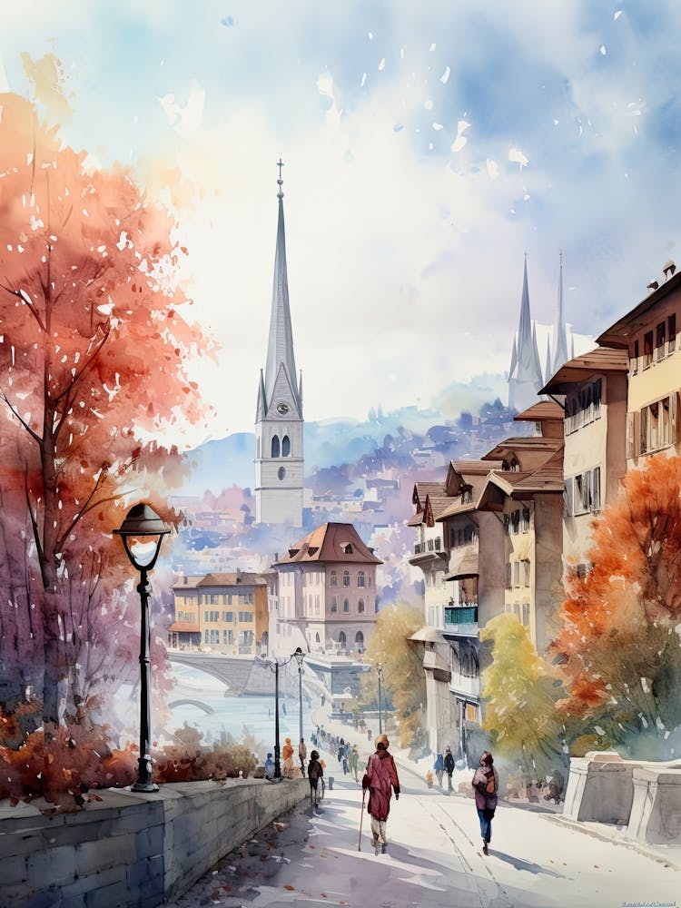 Bern Switzerland In Autumn Fall, Watercolour 1