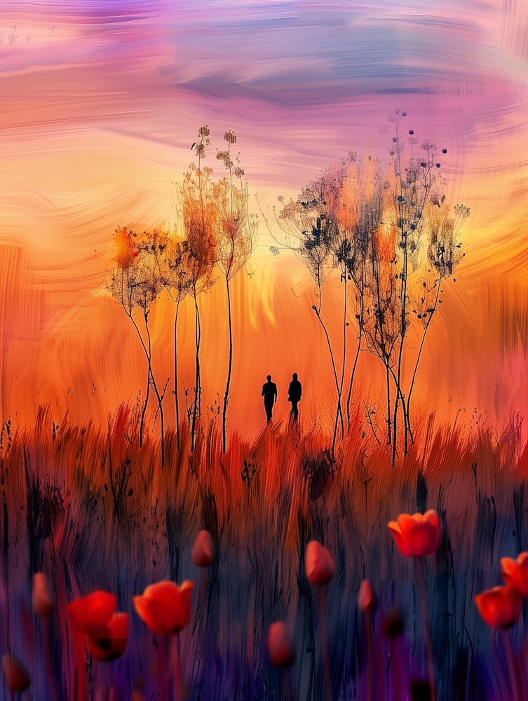 Coucher de soleil dans le champ aux coquelicots