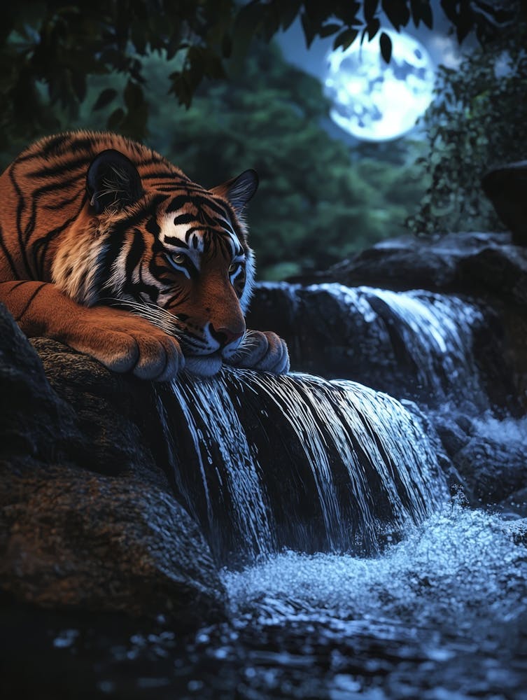 Tiger Resting By Waterfall. Generated AI.