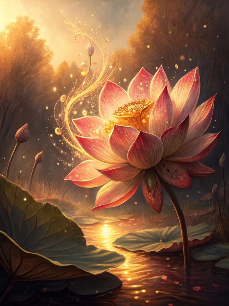 Oil Painting Style Stylized Lotus Flower With Gold