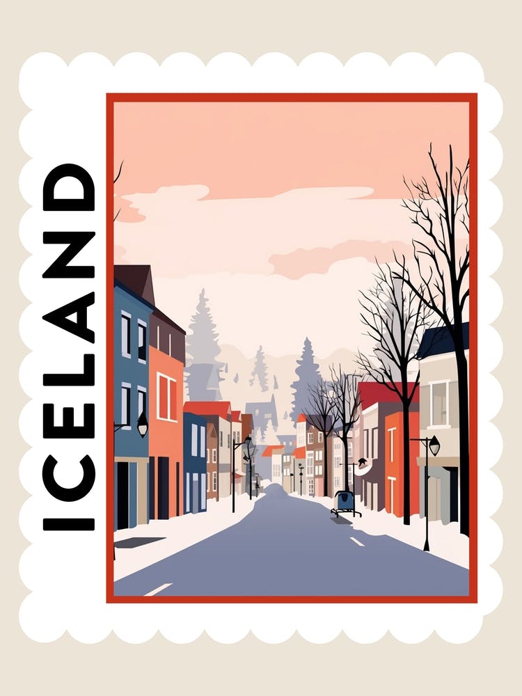Retro Winter Stamp Poster Reykjavik Iceland 2