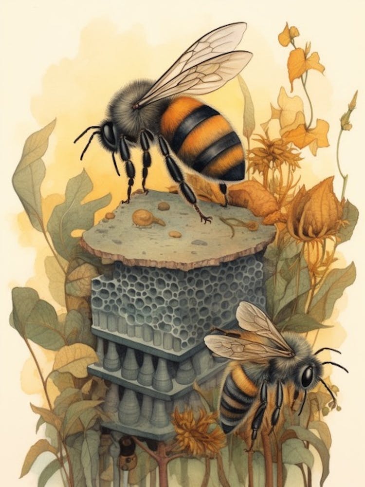 Wool Carder Mimic Bee Beehive Watercolour Illustration 1