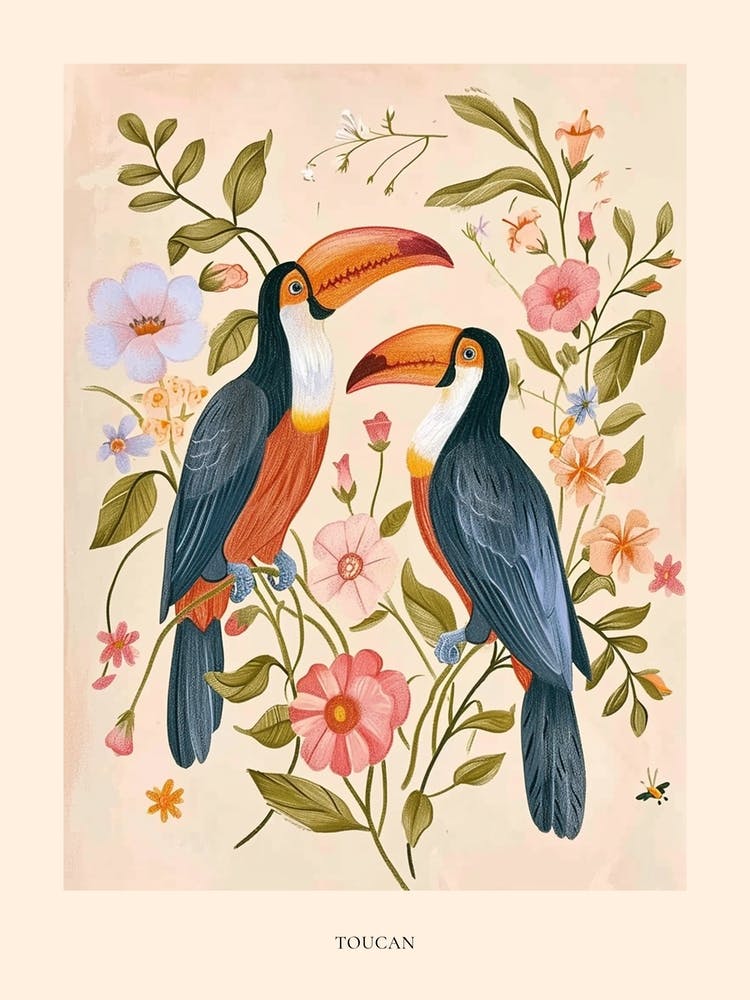 Folksy Floral Animal Drawing Toucan Poster