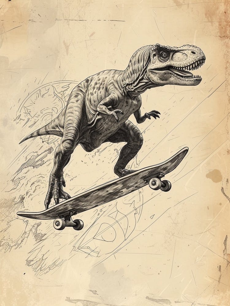 Vintage Deinonychus Dinosaur On A Skateboard   1