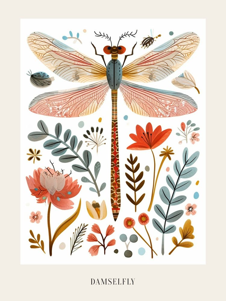 Colourful Insect Illustration Damselfly 12 Poster