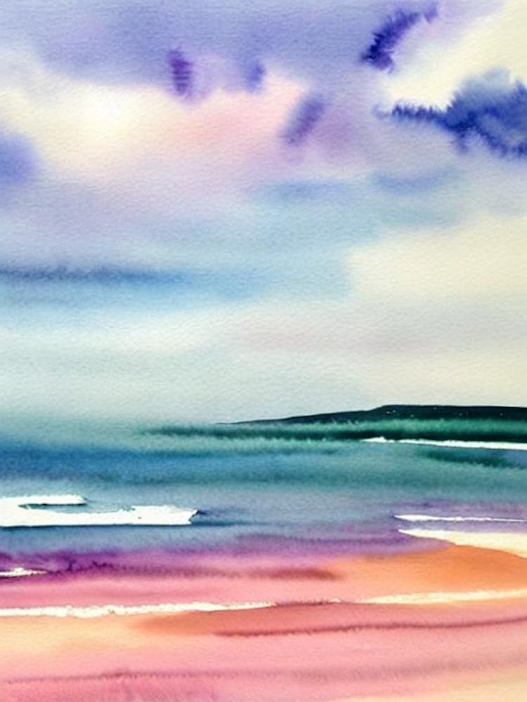 Croyde Bay Beach, Devon Pink Watercolour