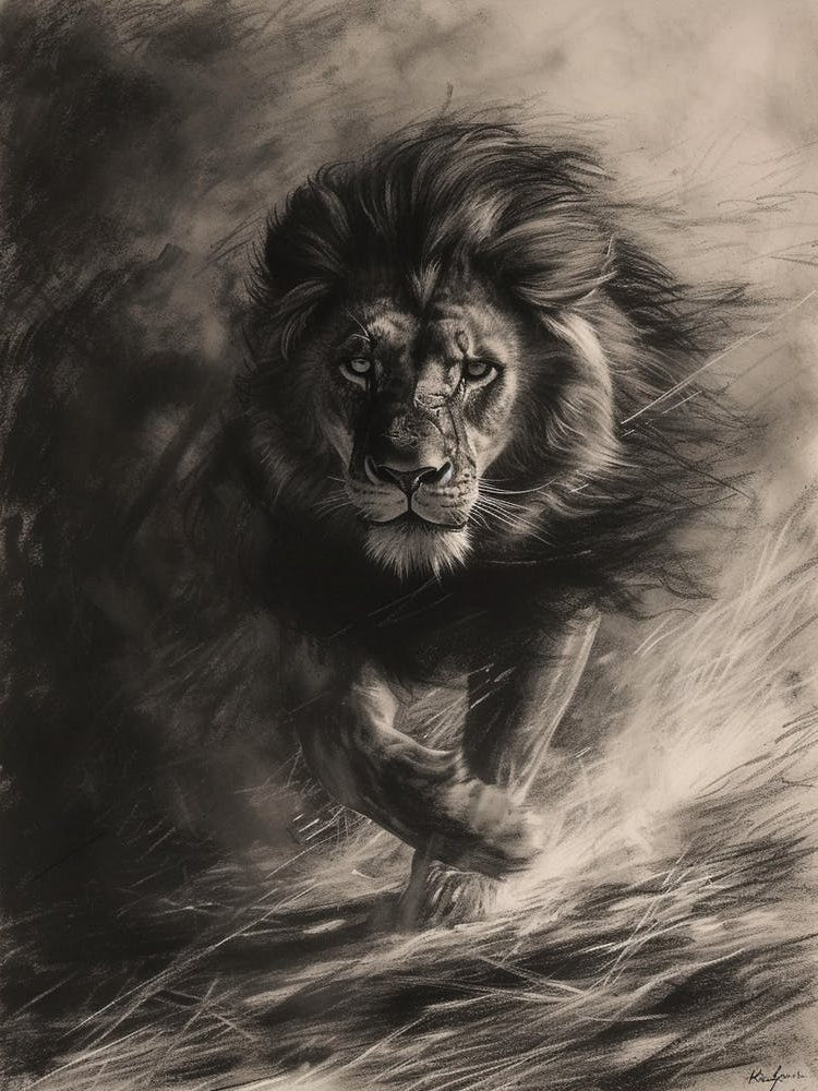Barbary Lion Charcoal Drawing Hunting 4