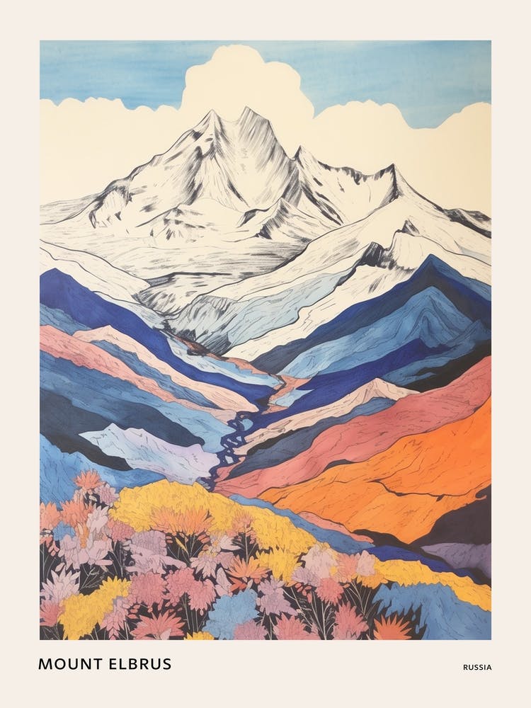Mount Elbrus Russia 1 Colourful Mountain Illustration Poster