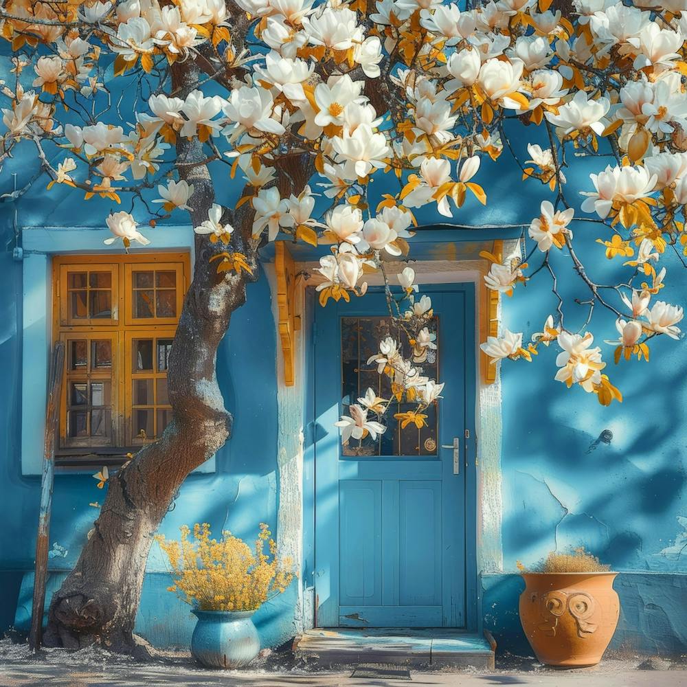 Blue House With Magnolia Tree