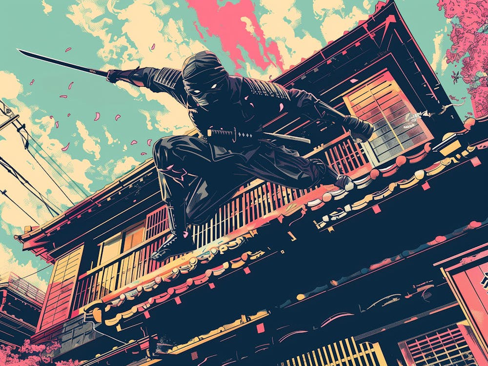 1960s Japanese Pop Art showing a Ninja jumping off a roof