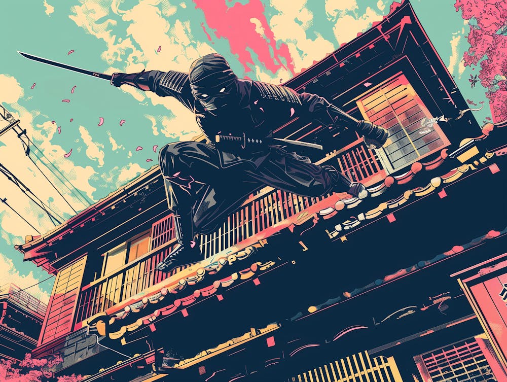 1960s Japanese Pop Art showing a Ninja jumping off a roof