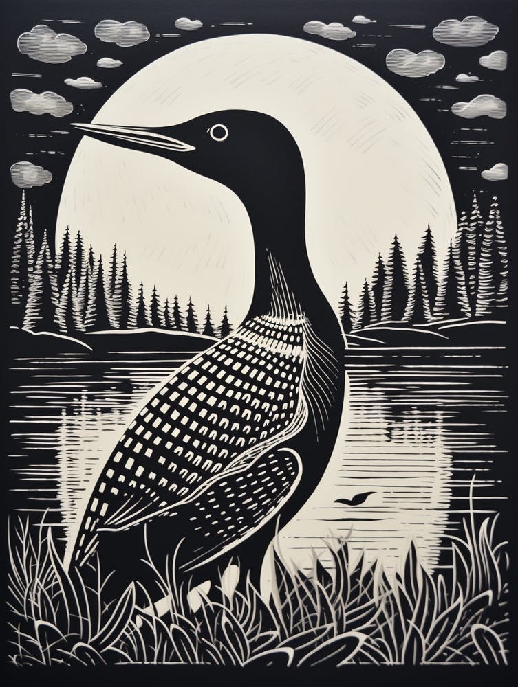 B&W Bird Linocut Common Loon 2