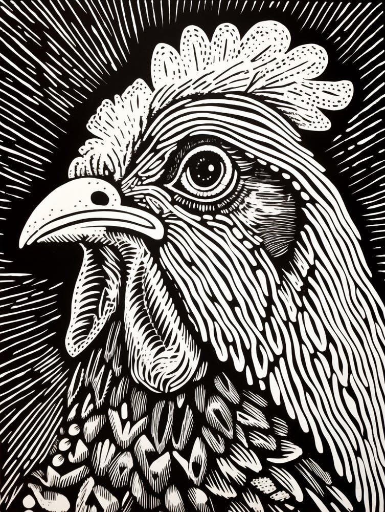 B&W Bird Linocut Chicken 2