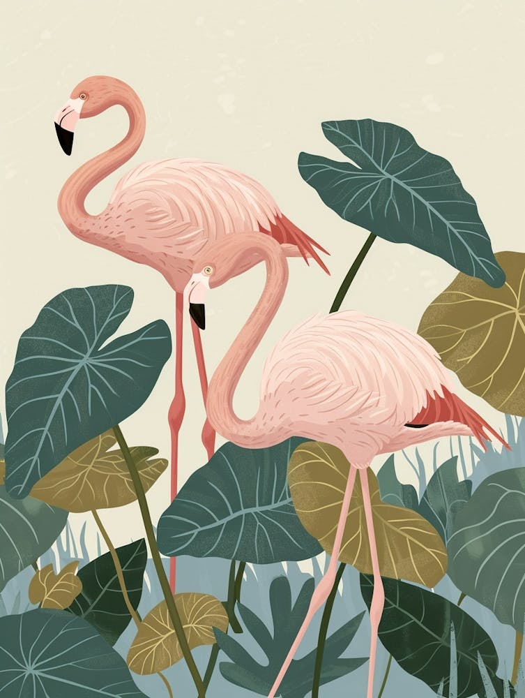 Lesser Flamingo And Alocasia Elephant Ear Minimalist Illustration 1