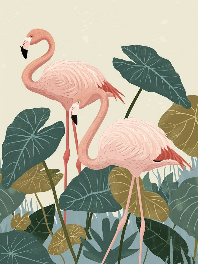 Lesser Flamingo And Alocasia Elephant Ear Minimalist Illustration 1