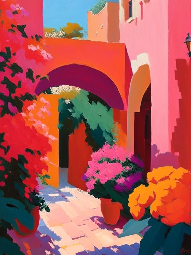 Courtyard With Peonies Orange And Pink 1 Colourful Painting