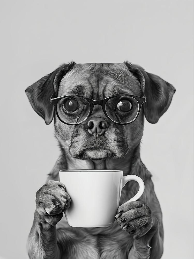 Puggle Holding Coffee Wall Art, Black And White Print, Coffee Lover Print, Dog Gift, Funny Dog Poster, Coffee Bar Art, Kitchen Wall Decor