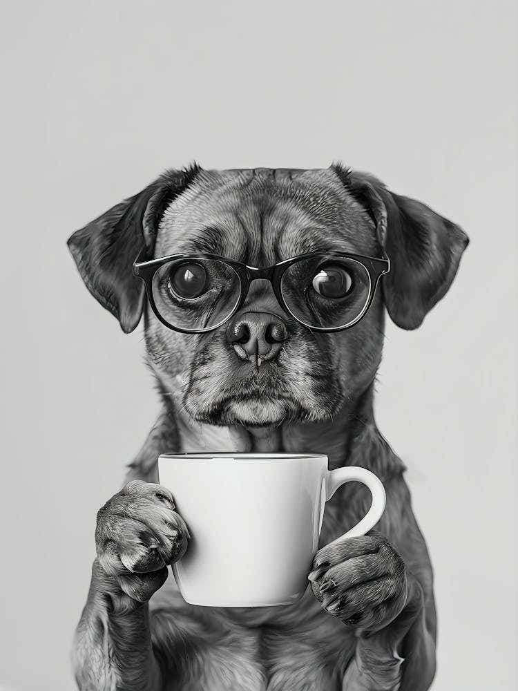 Puggle Holding Coffee Wall Art, Black And White Print, Coffee Lover Print, Dog Gift, Funny Dog Poster, Coffee Bar Art, Kitchen Wall Decor