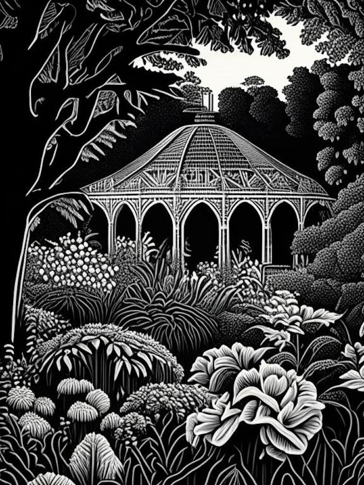 Fairmount Park Horticultural Center, Usa Linocut Black And White Vintage